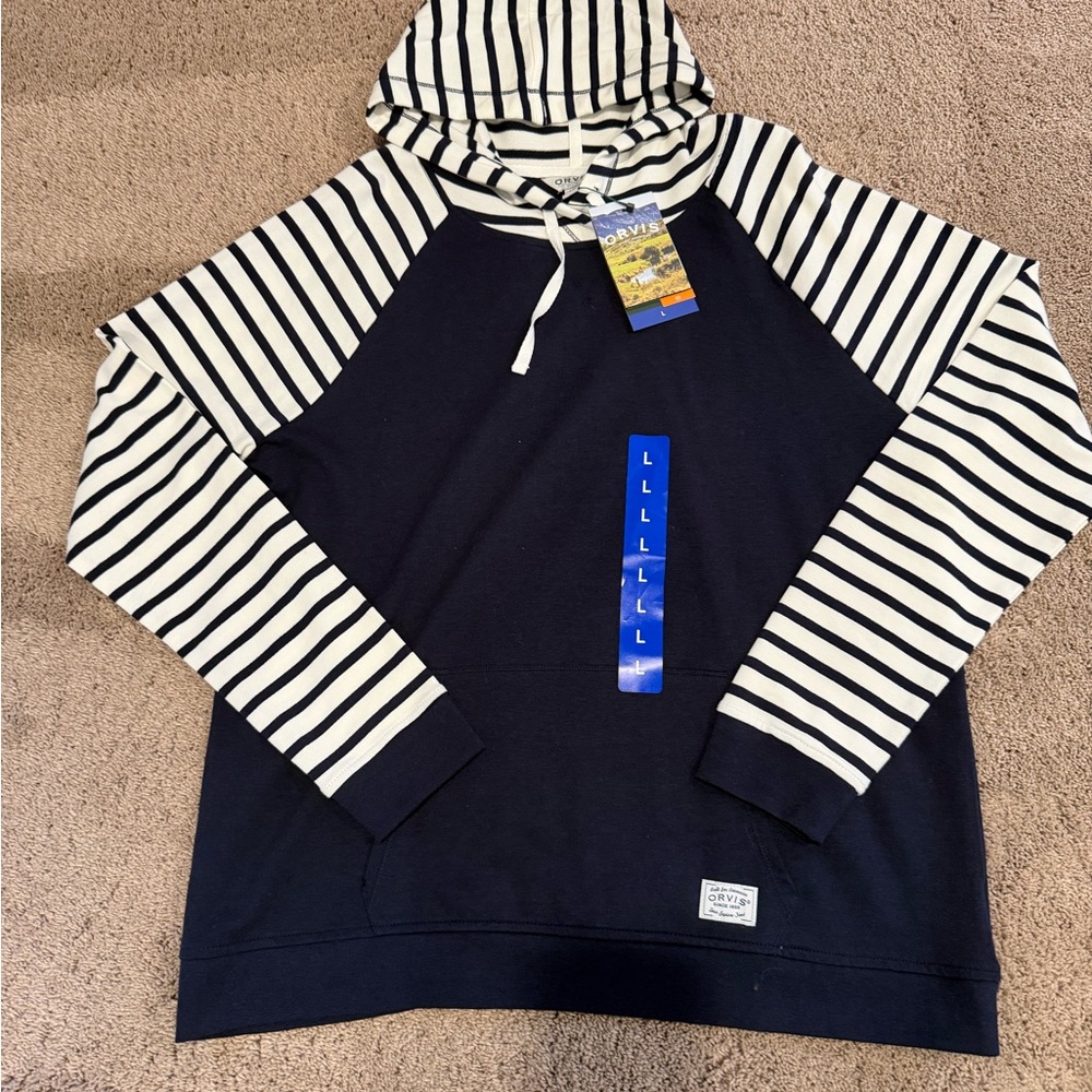 Orvis Navy and White Striped Hoodie